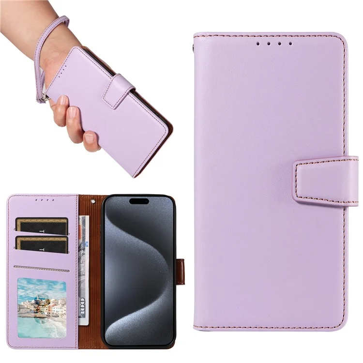 Para o iPhone 14 Pro Case RFID Blocking PU Leather Wallet Flip Phone Cover com Alça de Pulso - Lavender Purple