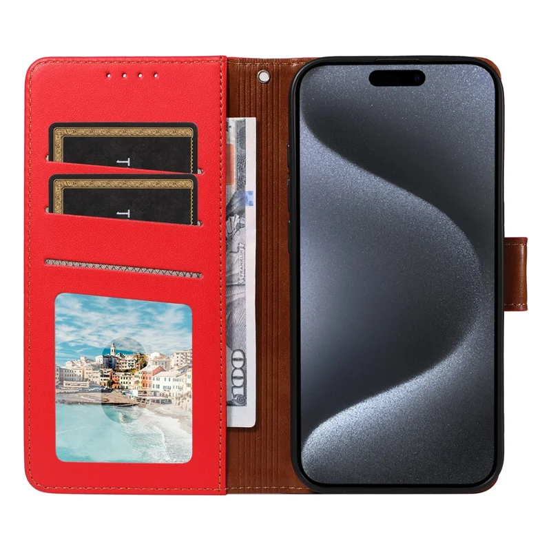 For iPhone 15 Pro Case RFID Blocking PU Leather Wallet Flip Phone Cover with Wrist Strap - Red