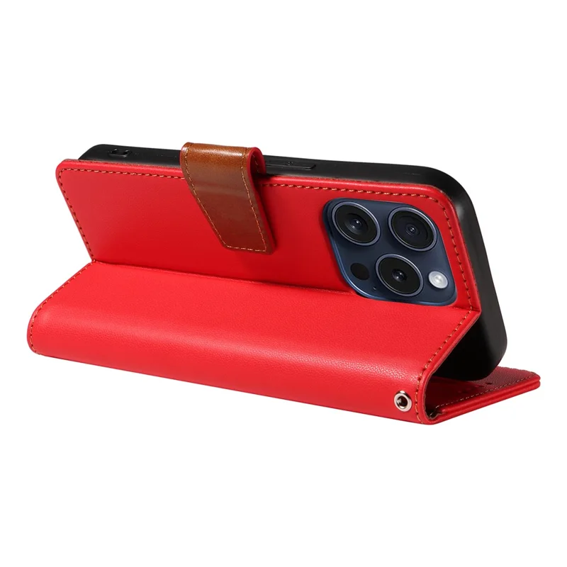 For iPhone 15 Pro Case RFID Blocking PU Leather Wallet Flip Phone Cover with Wrist Strap - Red