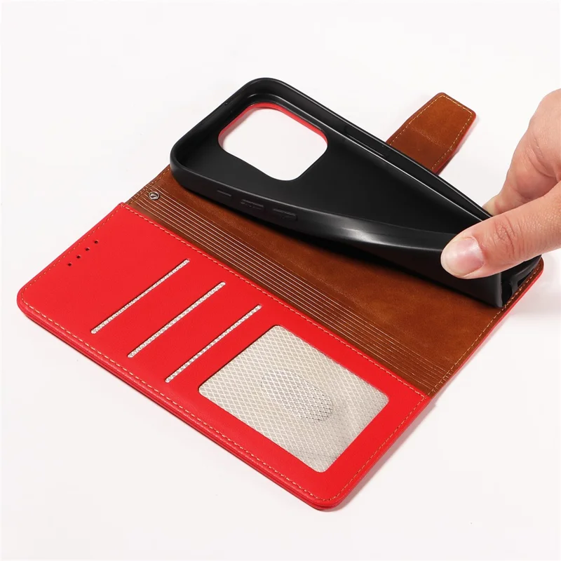 For iPhone 15 Pro Case RFID Blocking PU Leather Wallet Flip Phone Cover with Wrist Strap - Red