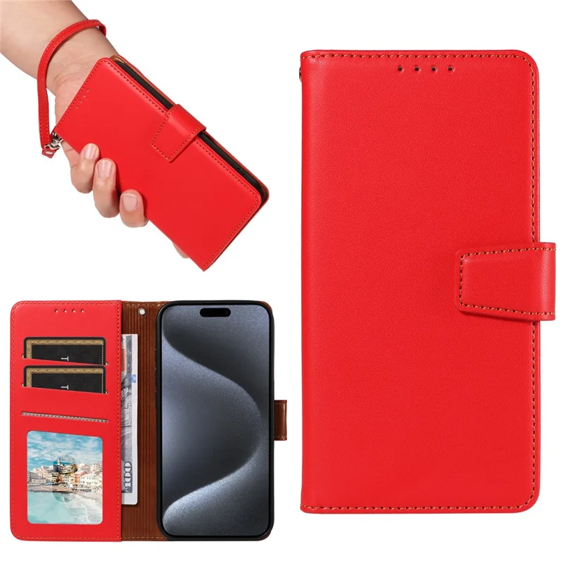 For iPhone 15 Pro Case RFID Blocking PU Leather Wallet Flip Phone Cover with Wrist Strap - Red