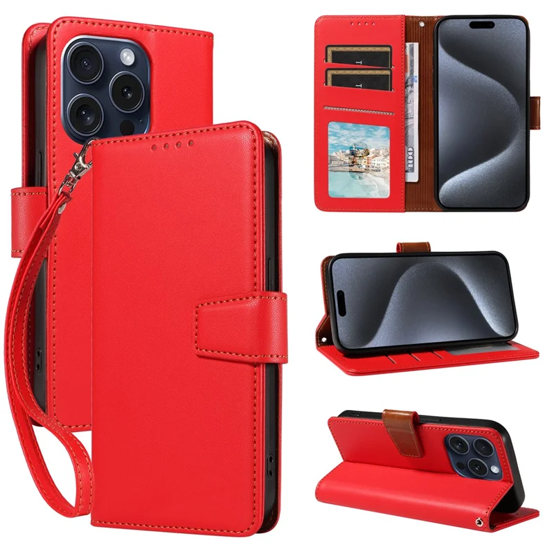 For iPhone 15 Pro Case RFID Blocking PU Leather Wallet Flip Phone Cover with Wrist Strap - Red