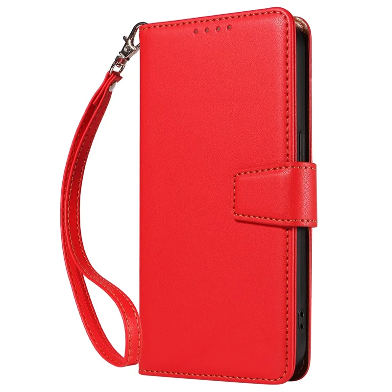 For iPhone 15 Pro Case RFID Blocking PU Leather Wallet Flip Phone Cover with Wrist Strap - Red
