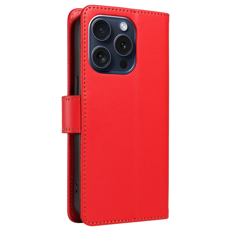 For iPhone 15 Pro Case RFID Blocking PU Leather Wallet Flip Phone Cover with Wrist Strap - Red