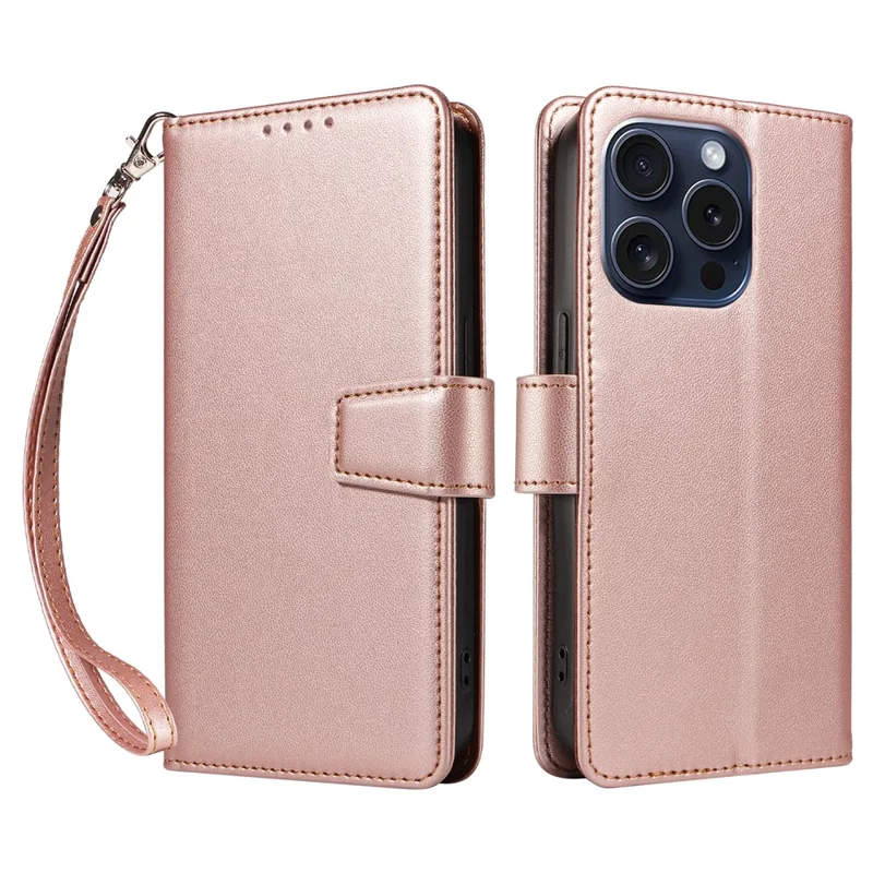 For iPhone 16 Pro Case RFID Blocking PU Leather Wallet Flip Phone Cover with Wrist Strap - Rose Gold