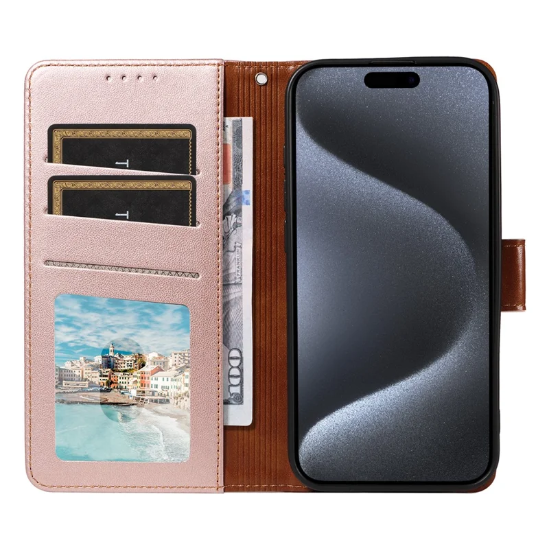 For iPhone 16 Pro Case RFID Blocking PU Leather Wallet Flip Phone Cover with Wrist Strap - Rose Gold