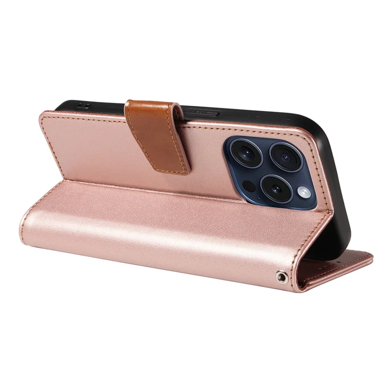 For iPhone 16 Pro Case RFID Blocking PU Leather Wallet Flip Phone Cover with Wrist Strap - Rose Gold