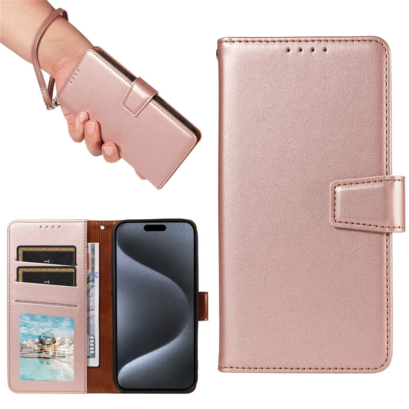 For iPhone 16 Pro Case RFID Blocking PU Leather Wallet Flip Phone Cover with Wrist Strap - Rose Gold