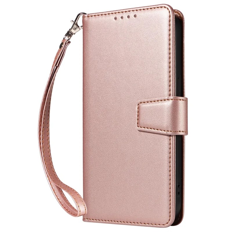 For iPhone 16 Pro Case RFID Blocking PU Leather Wallet Flip Phone Cover with Wrist Strap - Rose Gold