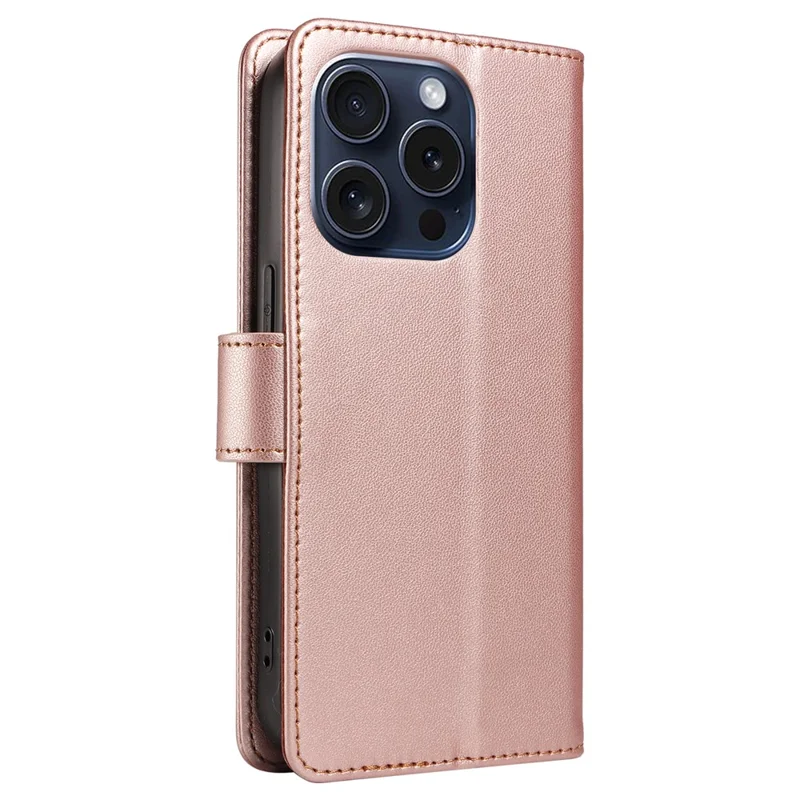 For iPhone 16 Pro Case RFID Blocking PU Leather Wallet Flip Phone Cover with Wrist Strap - Rose Gold
