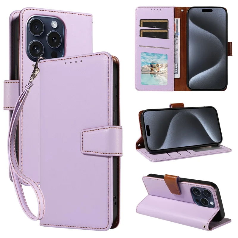 Para iPhone 16 Pro Max Case RFID Blocking PU Leather Wallet Flip Phone Cover com Alça de Pulso - Lavender Purple