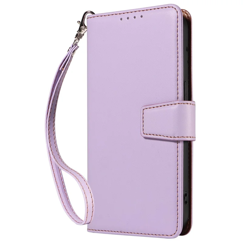 Para iPhone 16 Pro Max Case RFID Blocking PU Leather Wallet Flip Phone Cover com Alça de Pulso - Lavender Purple