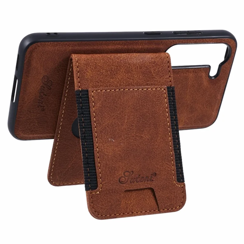 SUTENI H17 Para Samsung Galaxy S23+ Capa Magnética Slots para Cartões Couro+TPU Suporte para Celular - Cáqui