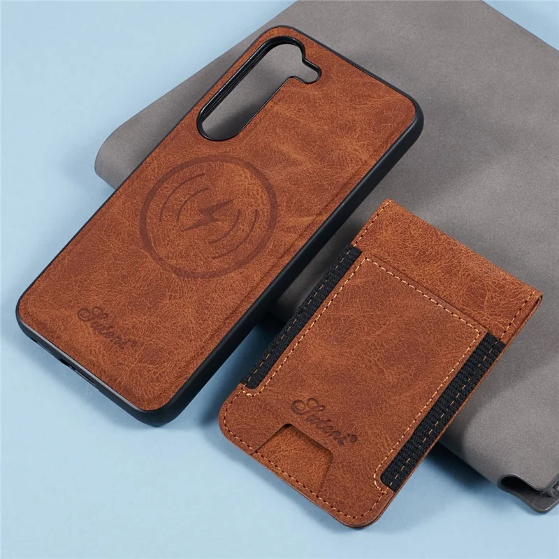 SUTENI H17 Para Samsung Galaxy S23+ Capa Magnética Slots para Cartões Couro+TPU Suporte para Celular - Cáqui