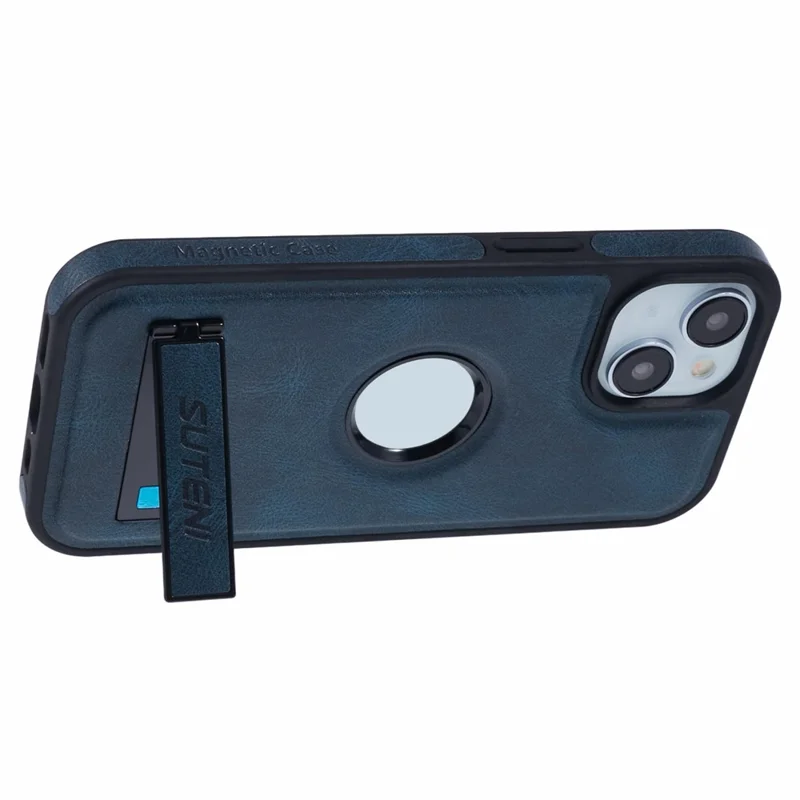 SUTENI G2 For iPhone 15 Plus Magnetic Case Leather Phone Back Cover Waxy Texture Kickstand - Blue