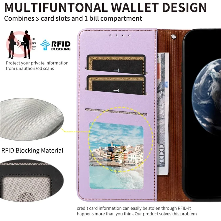 Para Samsung Galaxy A16 4G / 5G Funda RFID Blocking Cartera de Piel sintética Flip Phone Cover con Correa para la Muñeca - Lavanda Púrpura