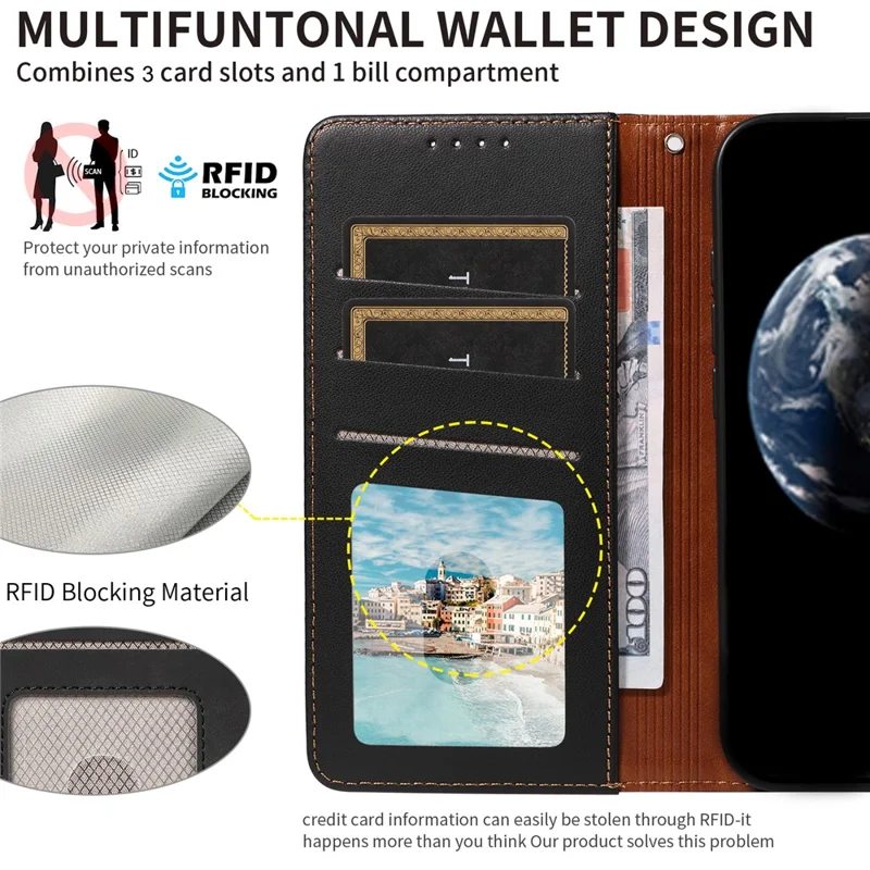 For Samsung Galaxy S24 Case RFID Blocking PU Leather Wallet Flip Phone Cover with Wrist Strap - Black