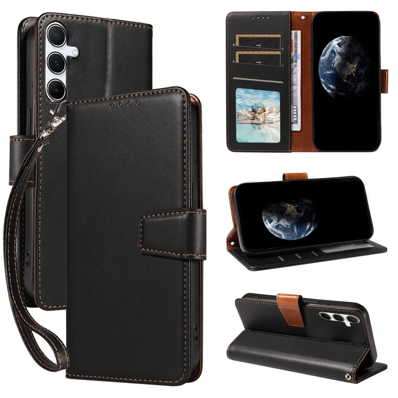 For Samsung Galaxy S24 Case RFID Blocking PU Leather Wallet Flip Phone Cover with Wrist Strap - Black