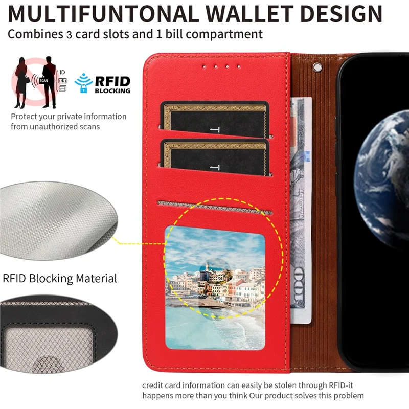 For Samsung Galaxy S24 Case RFID Blocking PU Leather Wallet Flip Phone Cover with Wrist Strap - Red