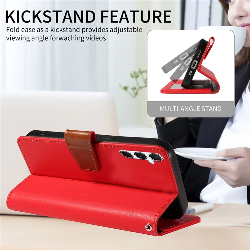 For Samsung Galaxy S24 Case RFID Blocking PU Leather Wallet Flip Phone Cover with Wrist Strap - Red