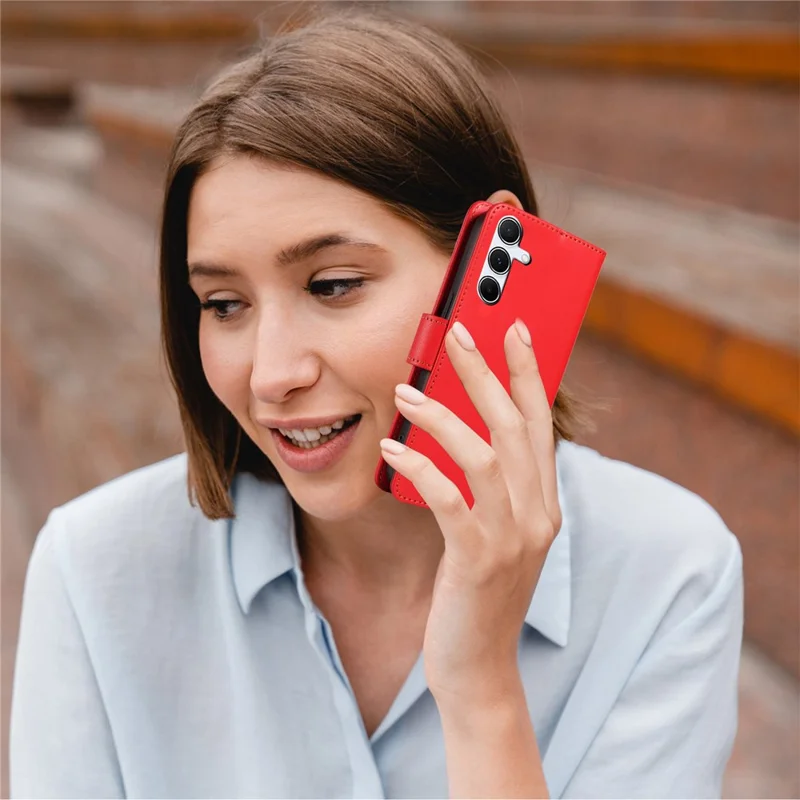 For Samsung Galaxy S24 Case RFID Blocking PU Leather Wallet Flip Phone Cover with Wrist Strap - Red