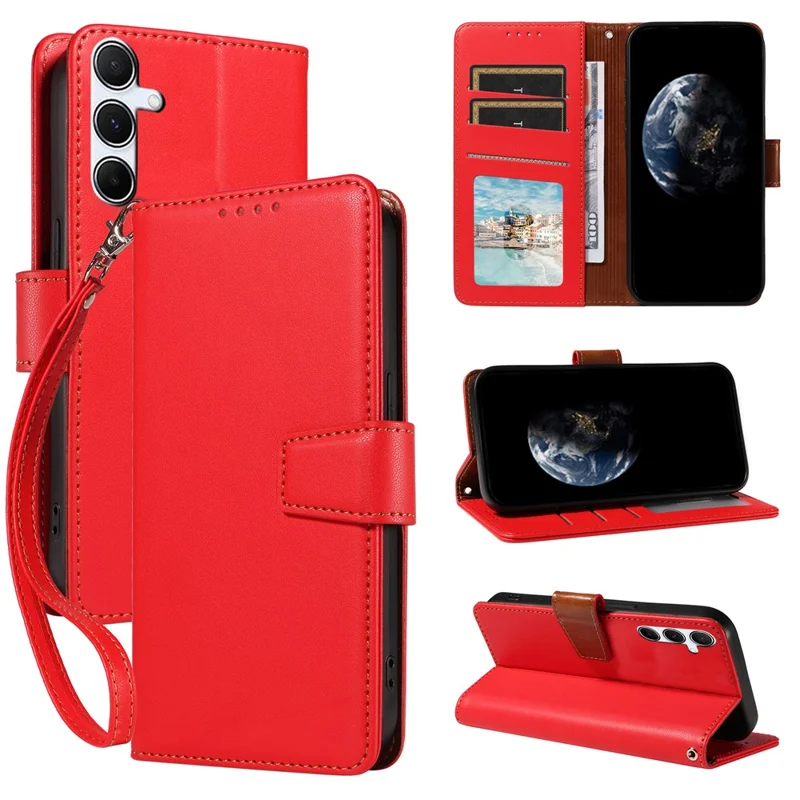 For Samsung Galaxy S24 Case RFID Blocking PU Leather Wallet Flip Phone Cover with Wrist Strap - Red