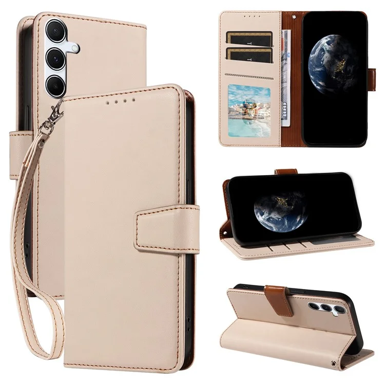 Para Samsung Galaxy A55 5G Case RFID Blocking PU Leather Wallet Flip Phone Cover with Wrist Strap - Damasco