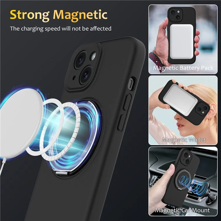 Custodia per iPhone 14 compatibile con MagSafe, supporto metallico rotante in PC + cover in silicone per telefono - Nero