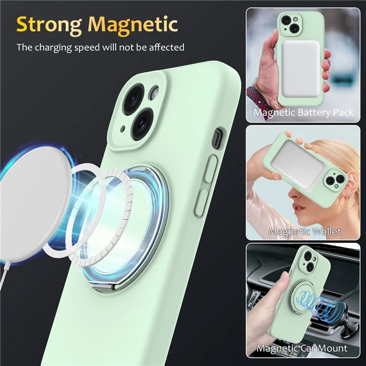 Capa para iPhone 15 compatível com MagSafe com suporte de metal rotativo PC + Capa de silicone para celular - Verde Claro
