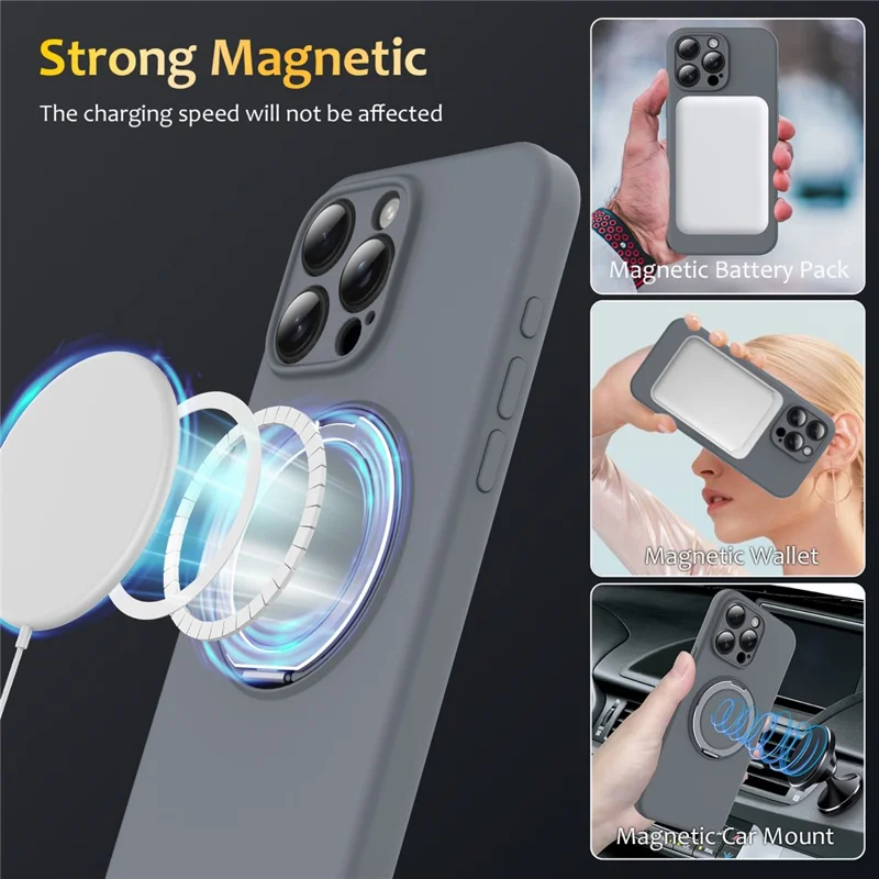 For iPhone 15 Pro Max Case Compatible with MagSafe Metal Kickstand PC + Silicone Phone Cover - Grey