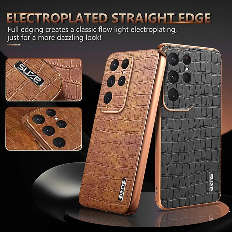 AZNS For Samsung Galaxy S25 Ultra Case Electroplating Crocodile Texture PU+TPU Phone Cover - Green