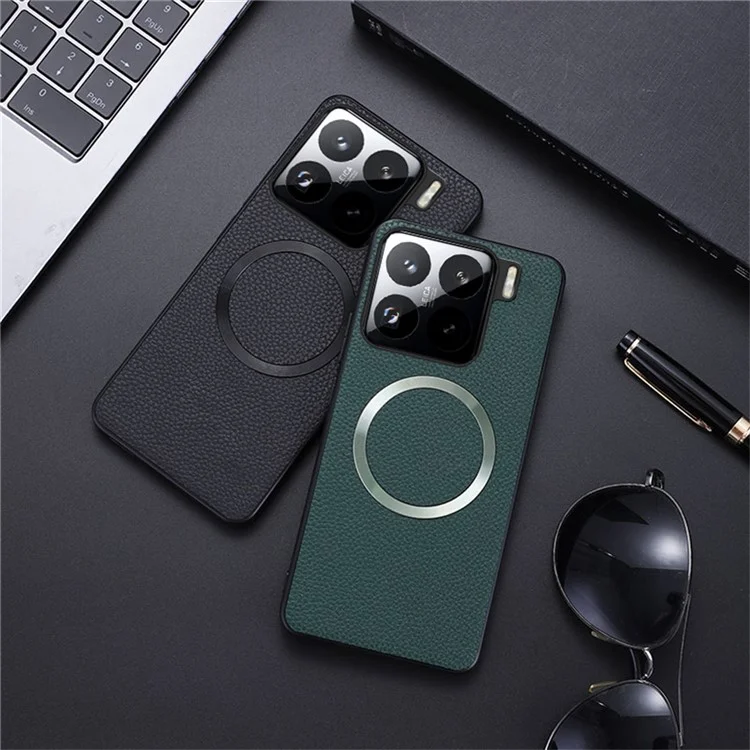 Для Xiaomi 15 Чехол совместимый с MagSafe Litchi Texture PU Leather+TPU Phone Cover - Чёрный