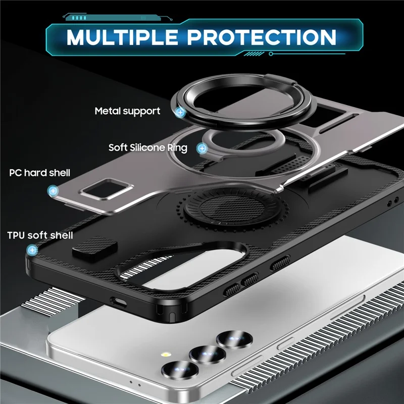 For Samsung Galaxy S25 Case TPU+PC Kickstand Phone Cover with Silicone Finger Strap - Grey