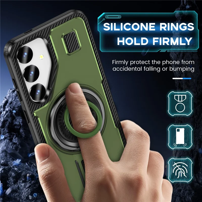 For Samsung Galaxy S25 Case TPU+PC Kickstand Phone Cover with Silicone Finger Strap - Army Green