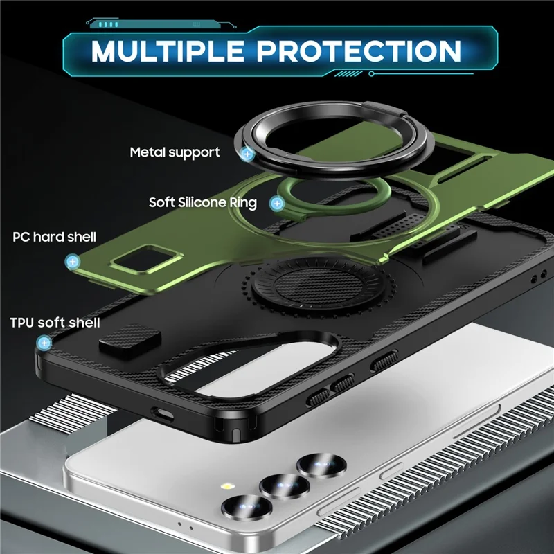 For Samsung Galaxy S25 Case TPU+PC Kickstand Phone Cover with Silicone Finger Strap - Army Green