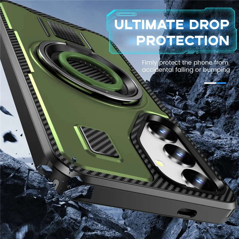 For Samsung Galaxy S25 Case TPU+PC Kickstand Phone Cover with Silicone Finger Strap - Army Green