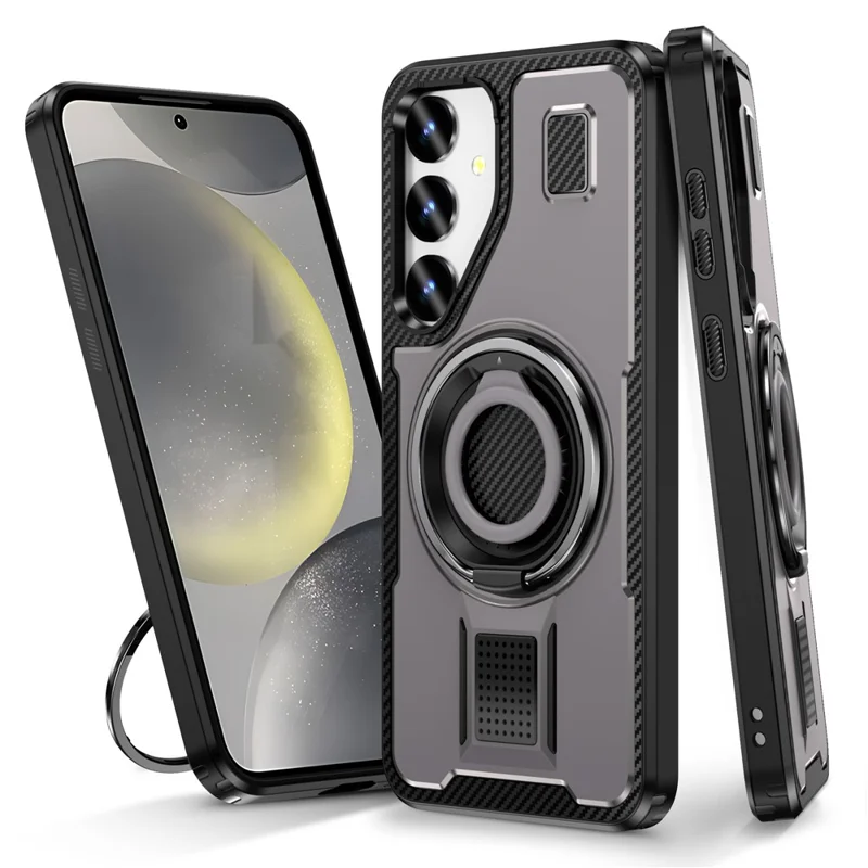 For Samsung Galaxy S25+ Case TPU+PC Kickstand Phone Cover with Silicone Finger Strap - Grey