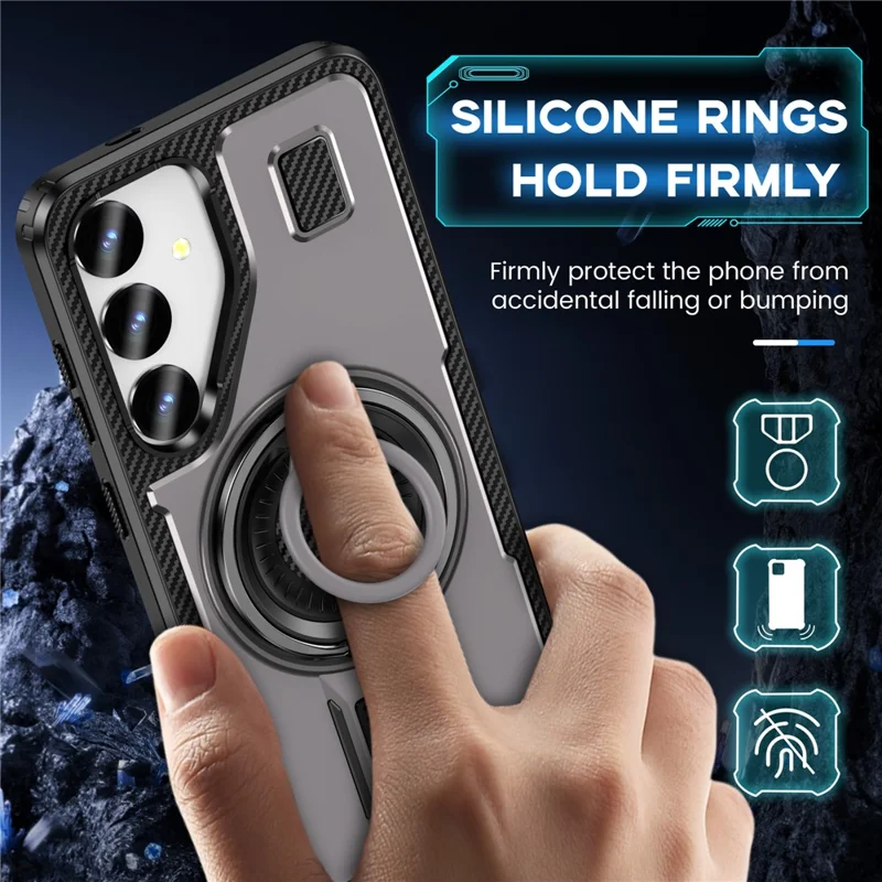 For Samsung Galaxy S25+ Case TPU+PC Kickstand Phone Cover with Silicone Finger Strap - Grey