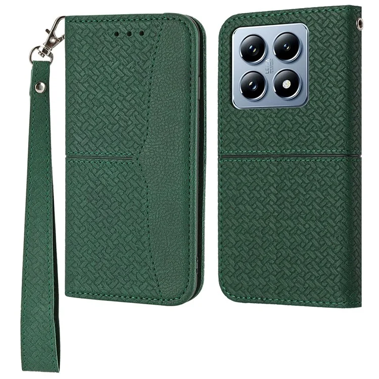 Capa para Xiaomi 14T Pro, textura trançada, couro PU, capa de carteira para celular - Verde escuro