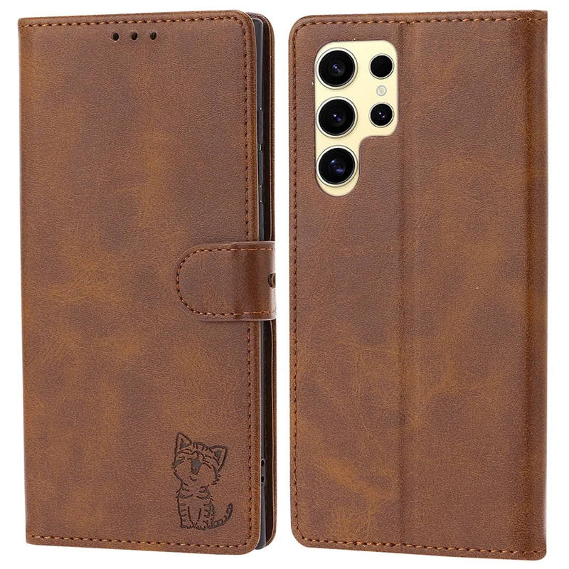 For Samsung Galaxy S25 Ultra Case Happy Cat Pattern Imprinted Leather Wallet Phone Cover - Brown