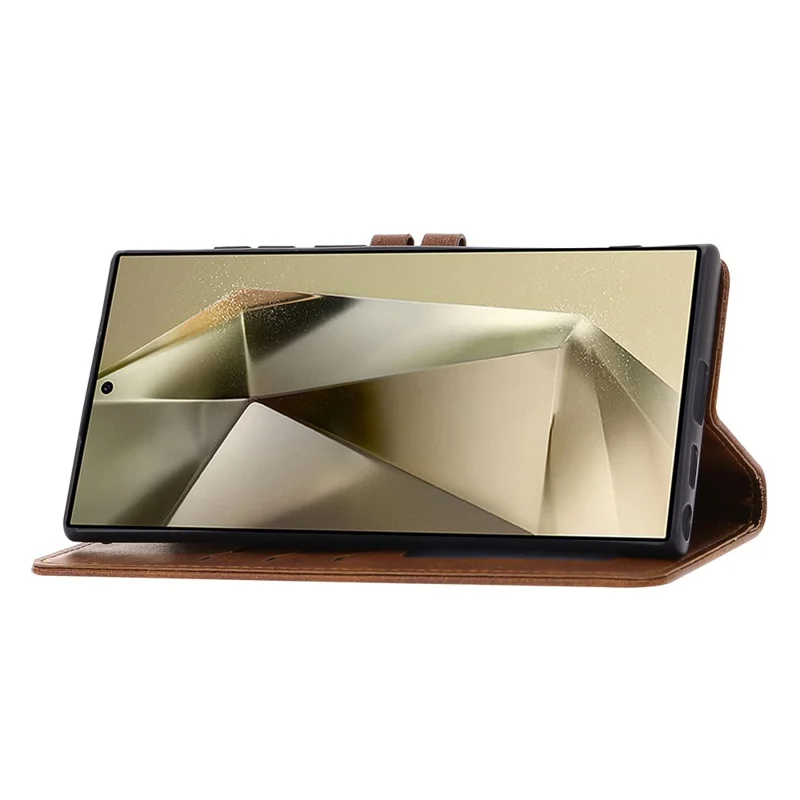 For Samsung Galaxy S25 Ultra Case Happy Cat Pattern Imprinted Leather Wallet Phone Cover - Brown