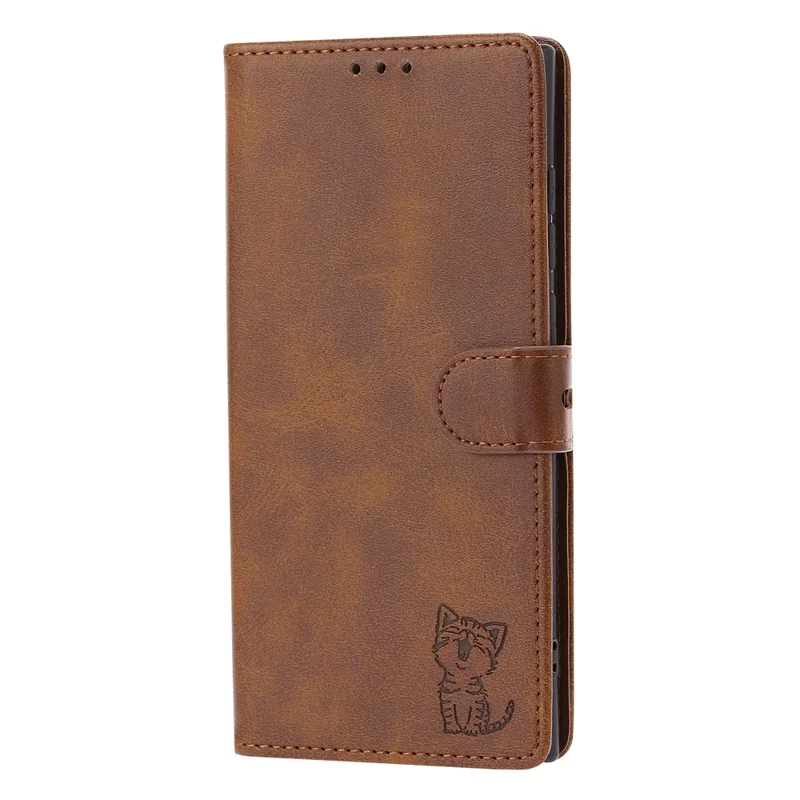 For Samsung Galaxy S25 Ultra Case Happy Cat Pattern Imprinted Leather Wallet Phone Cover - Brown
