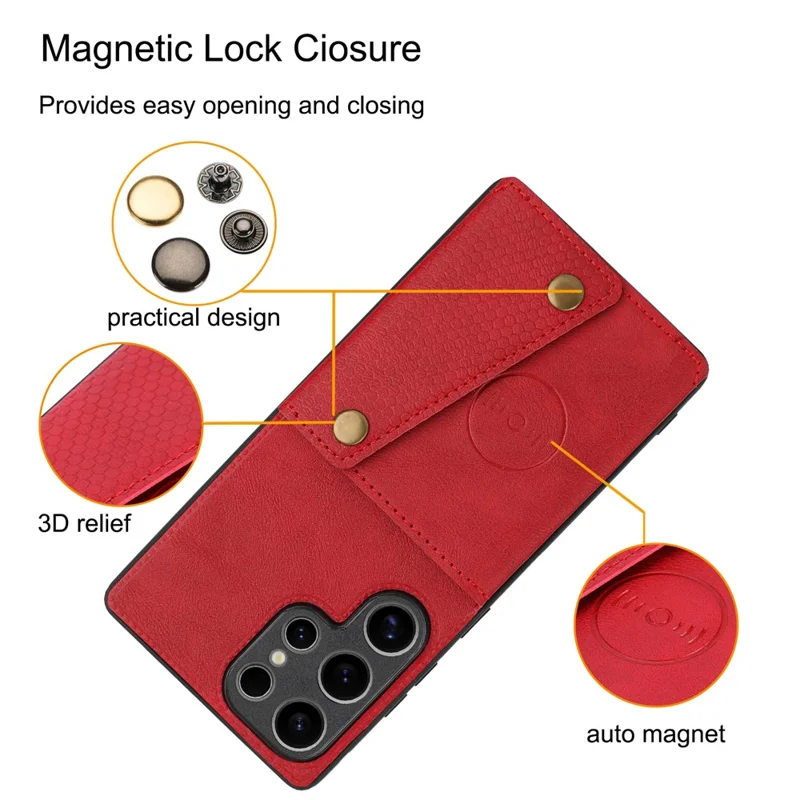For Samsung Galaxy S25 Ultra Case Card Slots Kickstand Leather + TPU Phone Cover - Red