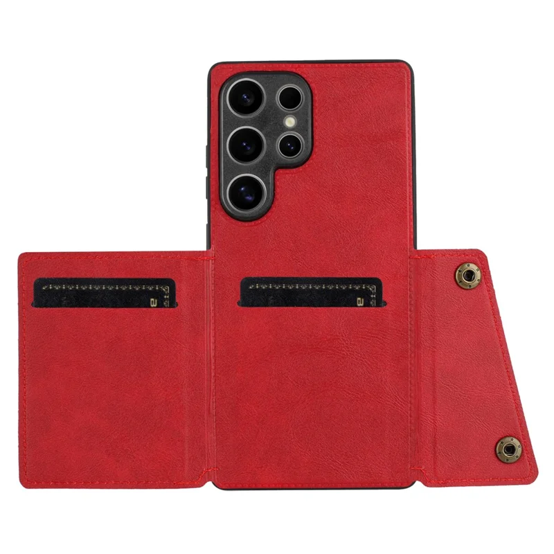 For Samsung Galaxy S25 Ultra Case Card Slots Kickstand Leather + TPU Phone Cover - Red