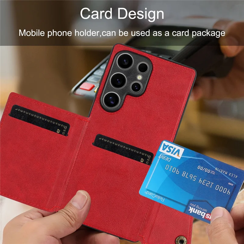 For Samsung Galaxy S25 Ultra Case Card Slots Kickstand Leather + TPU Phone Cover - Red