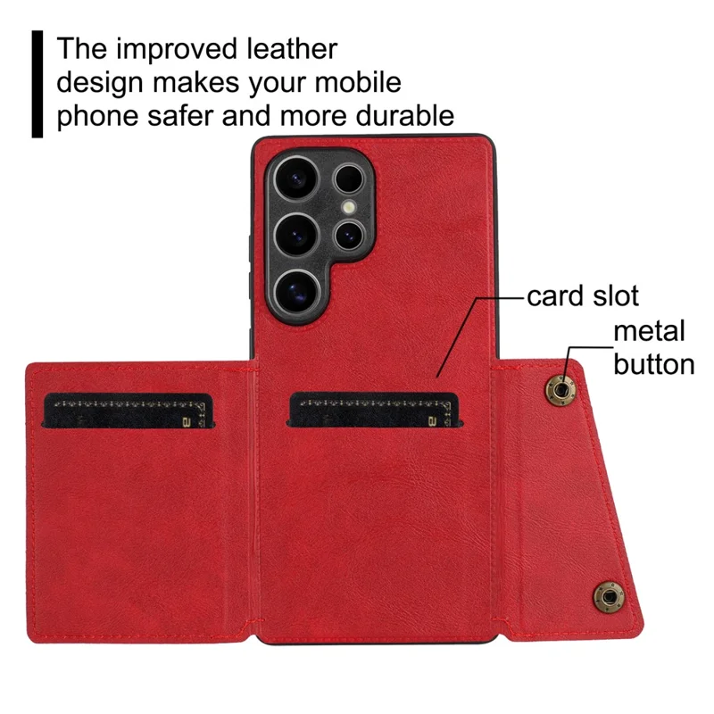 For Samsung Galaxy S25 Ultra Case Card Slots Kickstand Leather + TPU Phone Cover - Red