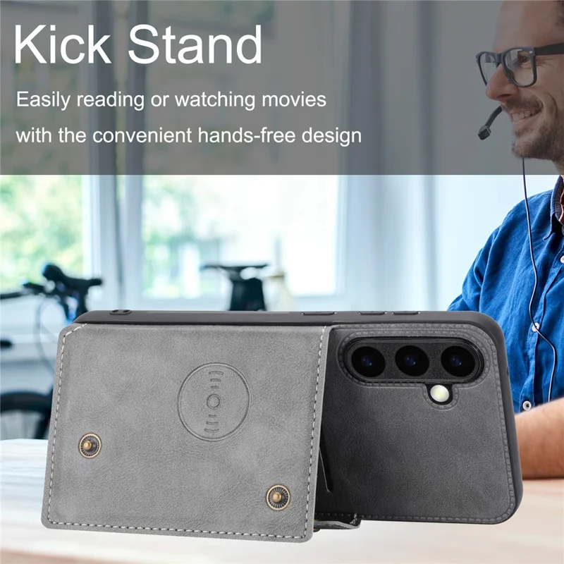 Voor Samsung Galaxy S25+ Hoesje met Kaartslots en Steunbeentje in Leer + TPU - Grijs