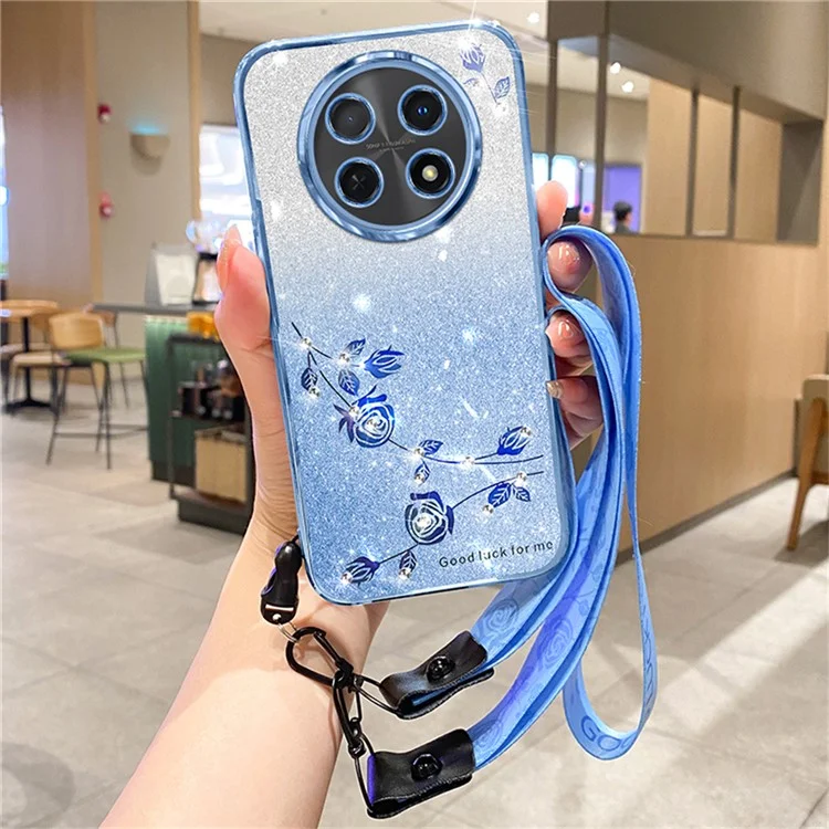 Custodia KADEM For Honor X60 Pro 5G con motivo floreale in TPU sfumato e cordini - Blu