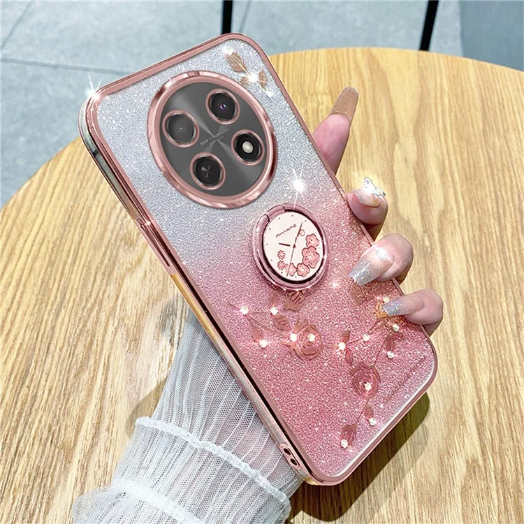 KADEM For Honor X60 Pro 5G / X9c 5G / Magic7 Lite 5G Case Ring Kickstand TPU Flowers Phone Cover Gradient Glitter - Rose Gold