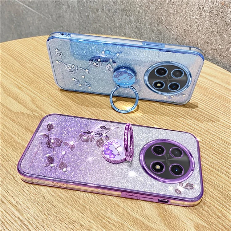 KADEM For Honor X60 Pro 5G / X9c 5G / Magic7 Lite 5G Case Ring Kickstand TPU Flowers Phone Cover Gradient Glitter - Rose Gold